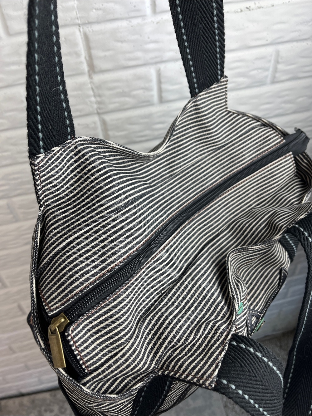 CHALA TOTE BLACK AND WHITE CAT ON 100% COTTON THICK CANVAS STRIPE ZIP TOP BAG - Picture 7 of 16